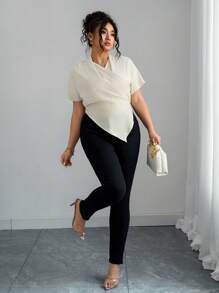 Elenzga Plus Size Women's Summer V-Neck Ruched Asymmetric Hem Elegant Blouse - Apricot - View 5