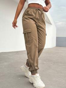 VaVaBold Pantalones cargo casuales de mujer de unicolor con bolsillos y cordón