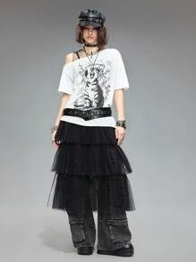ROMWE Grunge Punk 街头风格网眼分层无袖中长连衣裙，搭配荷叶边外裙 - 黑色 - 查看 4