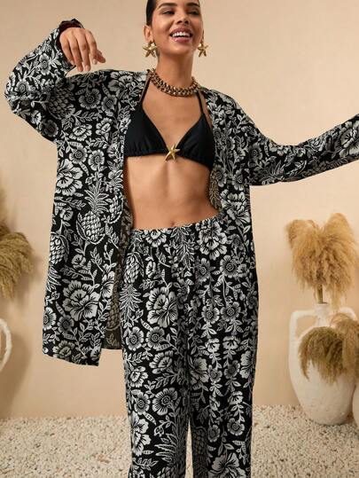 Bóhologie Completo coordinato con camicia kimono a maniche lunghe con laccetto e pantaloni in vita elastica, tutto con stampa all-over