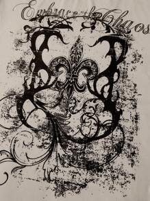 ROMWE Goth 大码复古十字架和藤蔓标语做旧印花宽松不对称领口落肩 T 恤 - 卡其色 - 查看 4