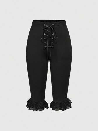Kawaii Women's Basic Y2K Millennium Style Lace Patchwork Tie Up Capri Pants