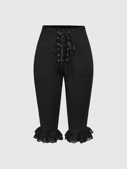 Kawaii Women's Basic Y2K Millennium Style Lace Patchwork Tie Up Capri Pants