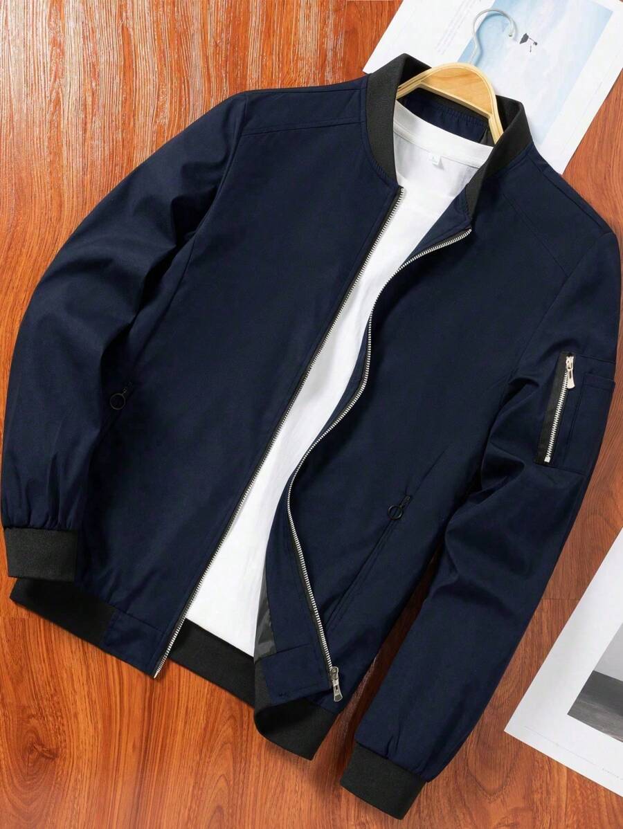 Manfinity Homme Men's Solid Color Zip-Up Long Sleeve Outdoor Windbreaker Jacket, Fashionable Summer Casual Zip Ups Men Bomber Jacket Navy Blue Jacket, For Fall