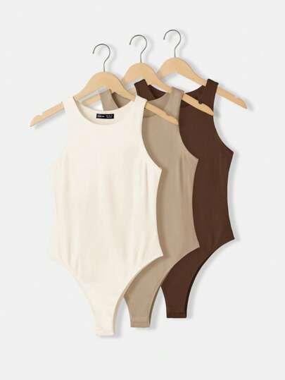 SHEIN BASICS 3pcs/Set Casual Round Neck Sleeveless Solid Color Slim Knit Bodysuit For Women