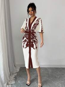 Elenzga Women's Plant Print V-Neck Short Sleeve Slim Fit Elegant Midi Dress, Suitable For Vacation - Rust Brown - View 8