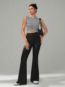 SHEIN Tall Women's Casual Plain Color High Waist Flared Pants, Stretch Work Pants - Black - View 3