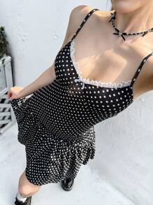 SHEIN 少女紧身优雅波尔卡圆点蛋糕裙荷叶边领细肩带连衣裙 - 黑色 - 查看 5