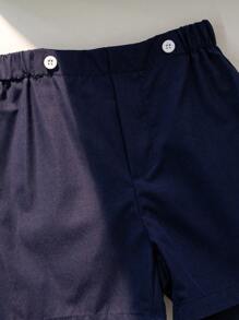 SHEIN Genkimix Kids 4 Stücke Set Kleine Jungenoutfit für den Sommer: gestreiftes Kurzarmhemd, Shorts mit Gummibund, Schal und Gürtel, geeignet für Geburtstagsfeste, Hochzeiten, Taufen, Ein-Monats-Feier