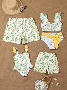 Summer Beach Vacation Random Floral Print Bowknot Ruffle Hem Ladies Swimsuit Set - Yellow - View 7