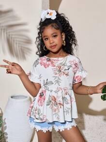 SHEIN Blusa con volantes y manga abullonada con estampado tropical para niña preadolescente
