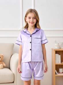 SHEIN Tween Girl's Contrasting Piping Heart Satin Short-Sleeved Top & Shorts Pajama Set - Purple - View 3