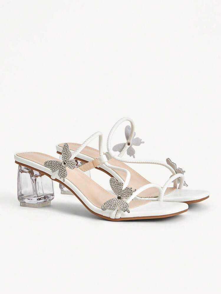 CUCCOO CHICEST Women's New Summer Sparkling Crystal Bowknot Open Toe Transparent Block Heel Dress Sandals, White Faux Leather Elegant Fashion High Heels Suitable For Formal, Party, Date, Outdoor, Dinner, Nightclub