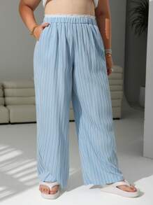 SHEIN EZwear Pantaloni casual cu talie înaltă cu dungi largi - Bleu - Vizualizare 5