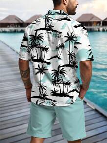 Manfinity RSRT Coconut Tree Printed Short Sleeve Shirt And Mint Green Shorts Vacation Set For Men - Multicolor - View 2