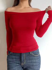 SHEIN BASICS Women's Regular Fit Solid Color Off Shoulder Long Sleeve Knit Top Off The Shoulder Top - Red - View 6