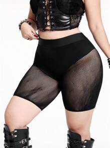 Whyspr 女式加大码纯色高腰网眼拼接性感短裤 - 黑色 - 查看 4
