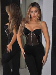 SHEIN ICON 钻石肩带网布拼布钻石装饰紧身喇叭连体裤 - 黑色 - 查看 4