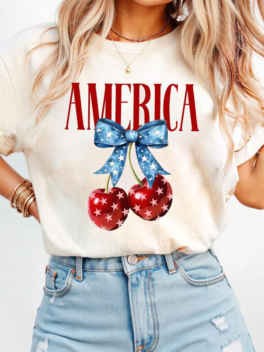 INAWLY 4th Of July/Fourth Of July American Flag Stars Print Round Neck Women T-Shirt - Apricot - View 1