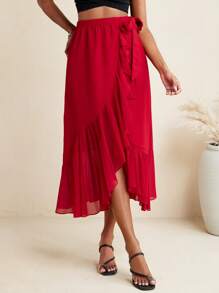 BELANGE HANDMADE Red Solid Color Crepe Wrap Belt Waist Ruffles Midi Skirt Women Beach Vacation Holiday