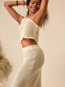 Bóhologie Conjunto de 2 piezas de ropa de playa con parte superior de punto de un solo hombro con detalles calados y falda maxi de punto hueca en estilo bohemio para usar en la playa o fiestas en la playa