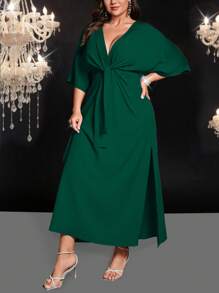 Cravure Plus Size Elegant Solid Color Waist-Cinched Long Dress - Green - View 5