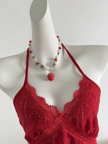 Sweetra Áo hai dây ren kẻ caro đỏ cho nữ, thích hợp cho kỳ nghỉ bãi biển mùa xuân/hè - Đỏ - Xem 4