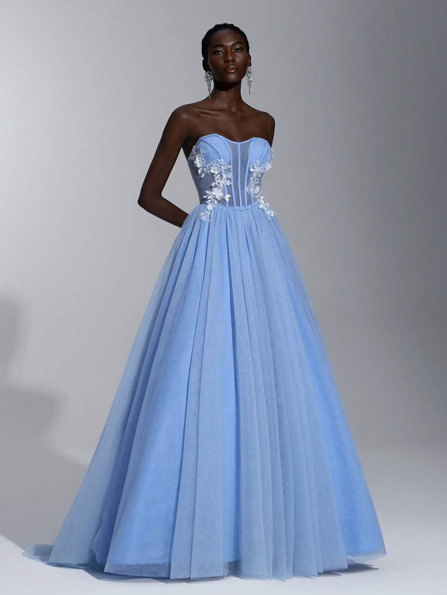 Elitara 优雅华丽的浅蓝色手工亮片立体贴花露肩腰部性感多鱼骨修身系带绳细节超大拖尾连衣裙适合约会派对单身派对度假正式场合晚宴礼服（重工款）、派对礼服、长袍、适合晚会、婚礼宾客 - 淺藍色 - 查看 1