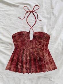 Soleia 女士休闲度假红色佩斯利波西米亚风格沙滩装图案胸部聚拢抽绳吊带露背娃娃装紧身吊带背心，适合夏季度假 - 彩色 - 查看 2