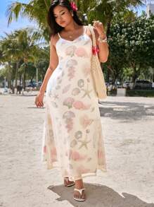 SHEIN EZwear 大码度假海星印花网眼细肩带美人鱼下摆网纱连衣裙