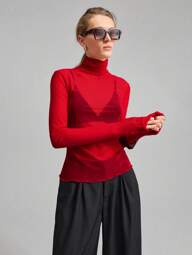 Ontre ストックホルムスタイル ティーチャー 秋 ハイネック ニットトップ、エレガントな秋冬、メッシュ長袖トップ、ビジネスカジュアル ベーシックトップ