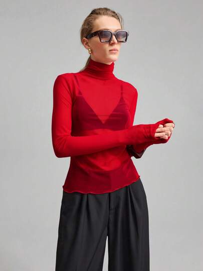 Ontre 斯德哥尔摩风格教师秋季高领针织上衣，优雅秋冬，网眼长袖上衣，商务休闲基本款上衣