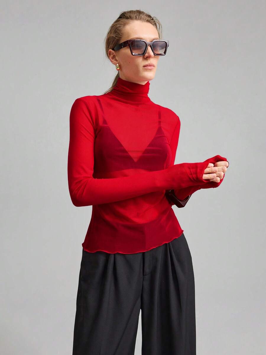 Ontre Women's Stockholm Style Teacher Autumn High Neck Knit Top, Elegant Autumn/Winter, Mesh Long Sleeve Top, Business Casual Basic Top