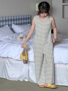 DAZY Tuta a righe lavorata a maglia da ragazza taglia comoda, abbigliamento da casa per l'autunno