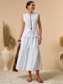 Bóhologie Conjunto de 2 piezas para mujer con blusa con cinta de encaje en los huecos de los brazos y el cuello, y falda larga. Conjunto de ropa de primavera-verano con look limpio