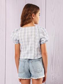 SUMWON 泡泡袖纽扣前方领格子夏季春季衬衫上衣节日校服女孩青少年周末装