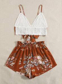 SHEIN VCAY Tie Back Crochet Cami Top & Paperbag Waist Floral Shorts Set Two Pieces Set