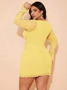 SHEIN BAE Plus Size Women's High Street Mini Short Dress, Suitable For Daily Wear, Commuting, Outing, Dating, Afternoon Tea, Vacation, French Style Dress, Formal Gown, Birthday Dress, Bridesmaid Dress, Spring/Summer,Valentine's Day,Valentine Outfits For Women - Yellow - View 2