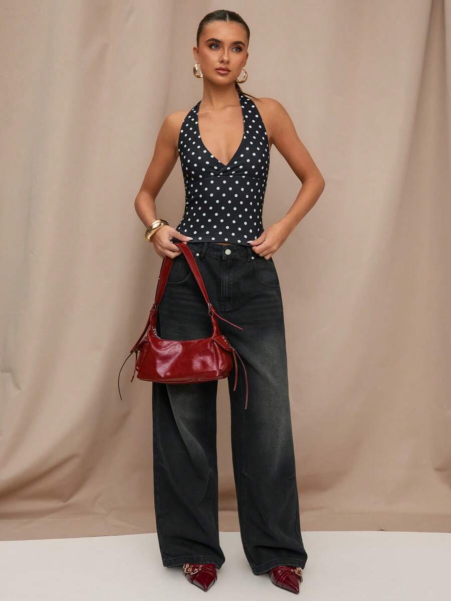 SHEIN BAE Casual Summer Black Polka Dot Printed Halter Neck Top, Suitable For Breakfast, Outings, Dates, Commuting, Cruise Outfits, Ibiza Outfits