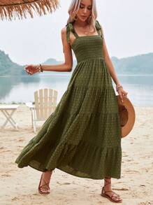 Breezaya Women's Elegant French-Style Long Camisole Dress, Jacquard Fabric, Wide Shoulder Strap, Bow Waist, Tiered Flounce Hem, Suitable For Commute, Casual, Vacation, Spring/Summer - Army Green - View 5