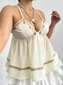 Flirla Plus Size Summer Vacation Texture Strap Asymmetric Hem Sleeveless Blouse - Apricot - View 4