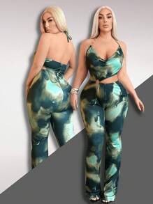 SHEIN SXY Plus Size Women Sexy  Streetwear Gyanu Y2K Bleach Print Plunge Neck Backless Waist Cutout Metallic Ring Romper, Suitable For Everyday Wear, Date Night, Birthday, Bachelorette Party Outfit, Elegant, Casual, Shopping, Streetwear, Going Out, , Easy To Match & Looks Slim, Accentuates Your Body, Flatters The Figure