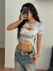 Coolane Women's Summer Country Concert Streetwear Vintage Y2K Camo Graphics Ripped Bustier Mini Tees - Khaki - View 3