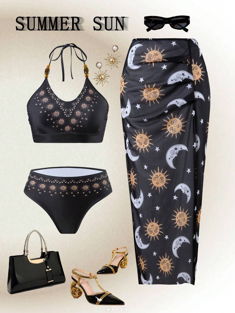 Swim Oasis Plus Size Women Sun & Moon Print Casual Beach Swimsuit Set, Summer