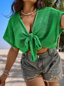 SHEIN EZwear Plus Size Women Solid Color Tie-Waist Batwing Cardigan - Green - View 3