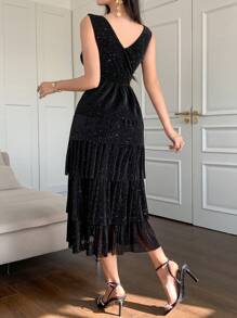 DAZY Vestido elegante de midi con cuello en V sin mangas y brillo para mujeres, para el verano