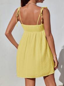 SHEIN EZwear 女士夏季休闲纯色纹理宽松褶皱吊带背心连衣裙 - 黃色 - 查看 2