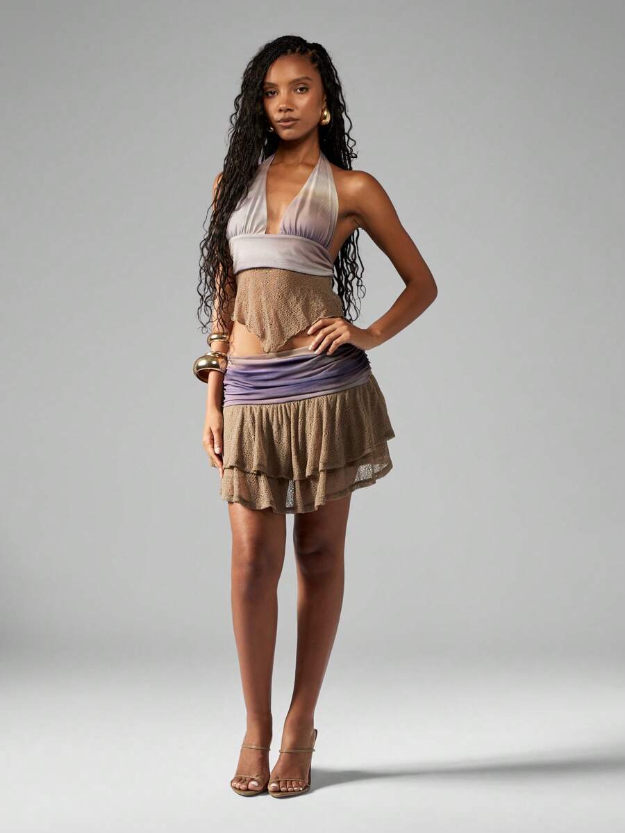 MISSGUIDED Bohemian Festival Dance Two Piece Co-Ord Set Halter Crop Top Tiered Ruffle Mini Skirt Party Club Mesh Lace Holiday Summer Outfit - Multicolor - View 1