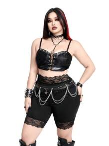 Whyspr Casual Punk Plus Size High Waisted Elastic Solid Color Contrast Lace Leggings - Black - View 7