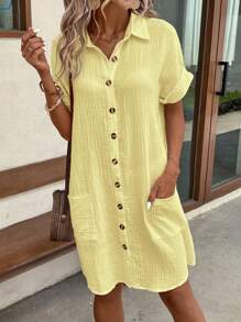 EMERY ROSE Women Minimalist Comfortable Casual Pure Cotton Reversible Double Pocket Shirtdress,Butter Yellow Dress
